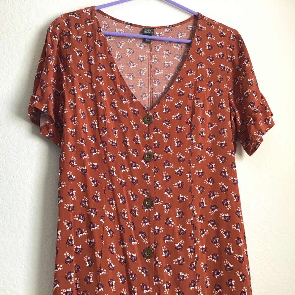 burnt orange floral button front dress